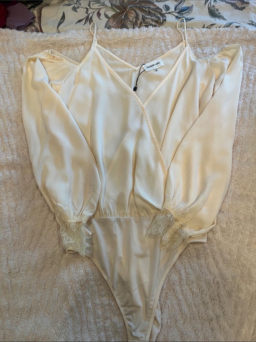 Sugarlips Cream Satin Lace-Trim Off-Shoulder Bodysuit